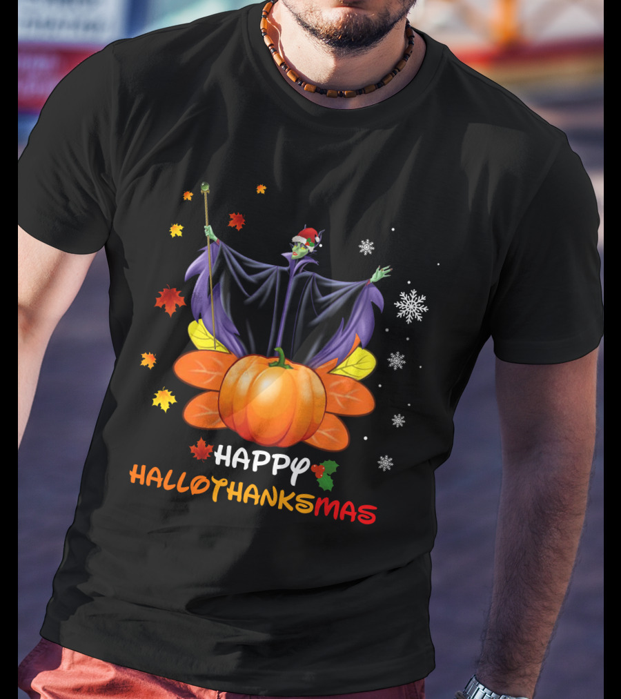 Happy Hallothankmas Maleficent Pumpkin Snowflakes Leaves Santa Hat T-Shirt