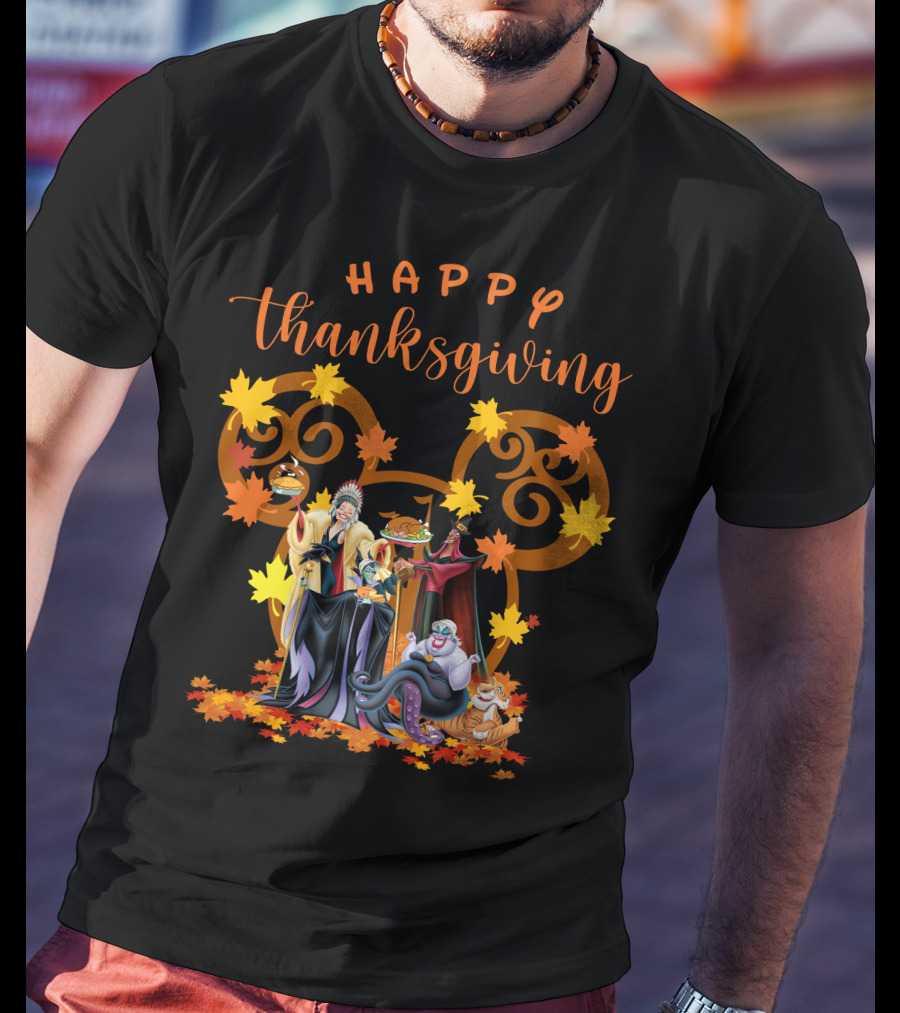 Happy Thanksgiving Disney Villains With Mickey Mouse Leaf Background T-Shirt