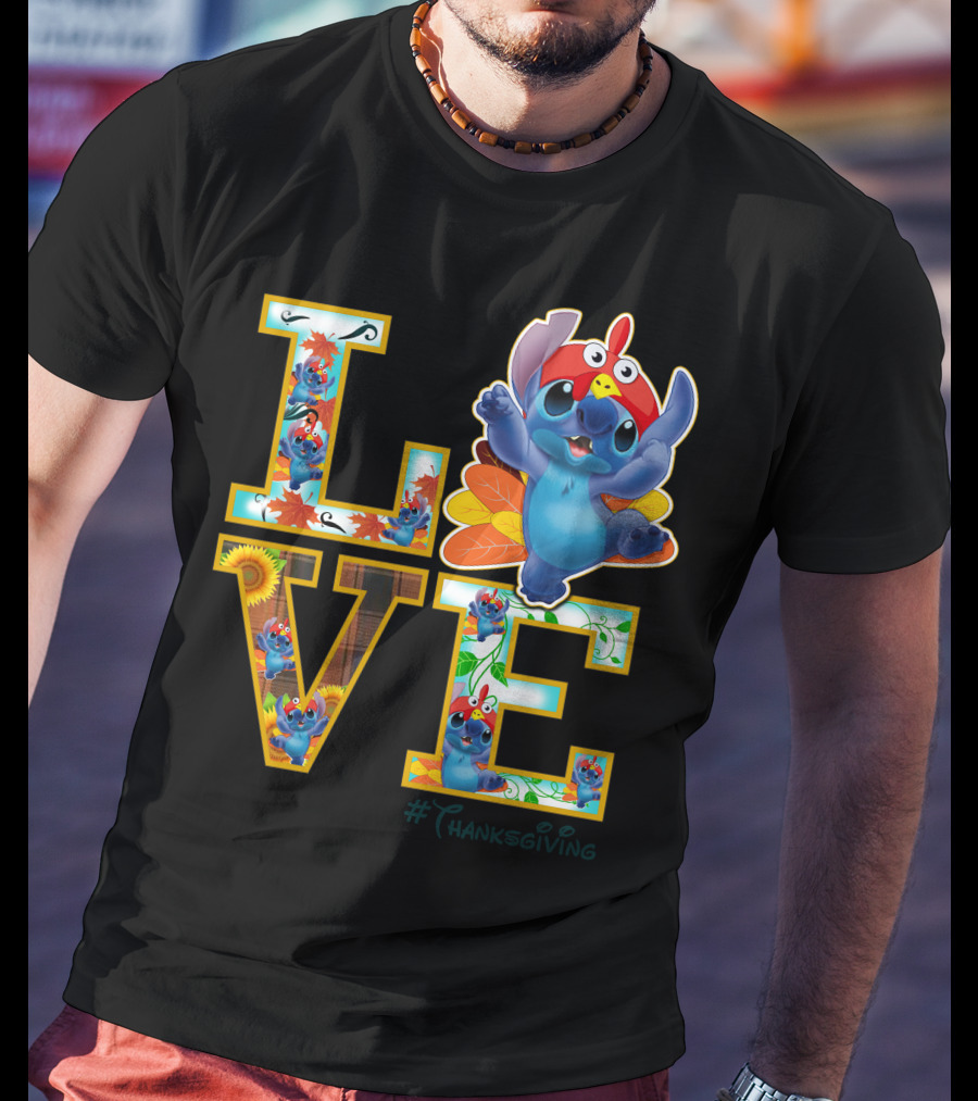 LOVE Stitch Happy Thanksgiving Turkey Costume Autumn Leaves T-Shirt