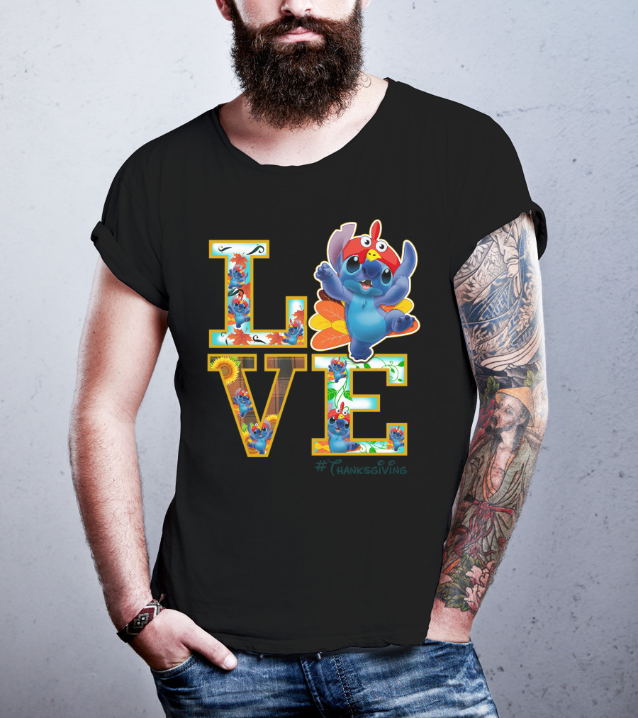 LOVE Stitch Happy Thanksgiving Turkey Costume Autumn Leaves T-Shirt