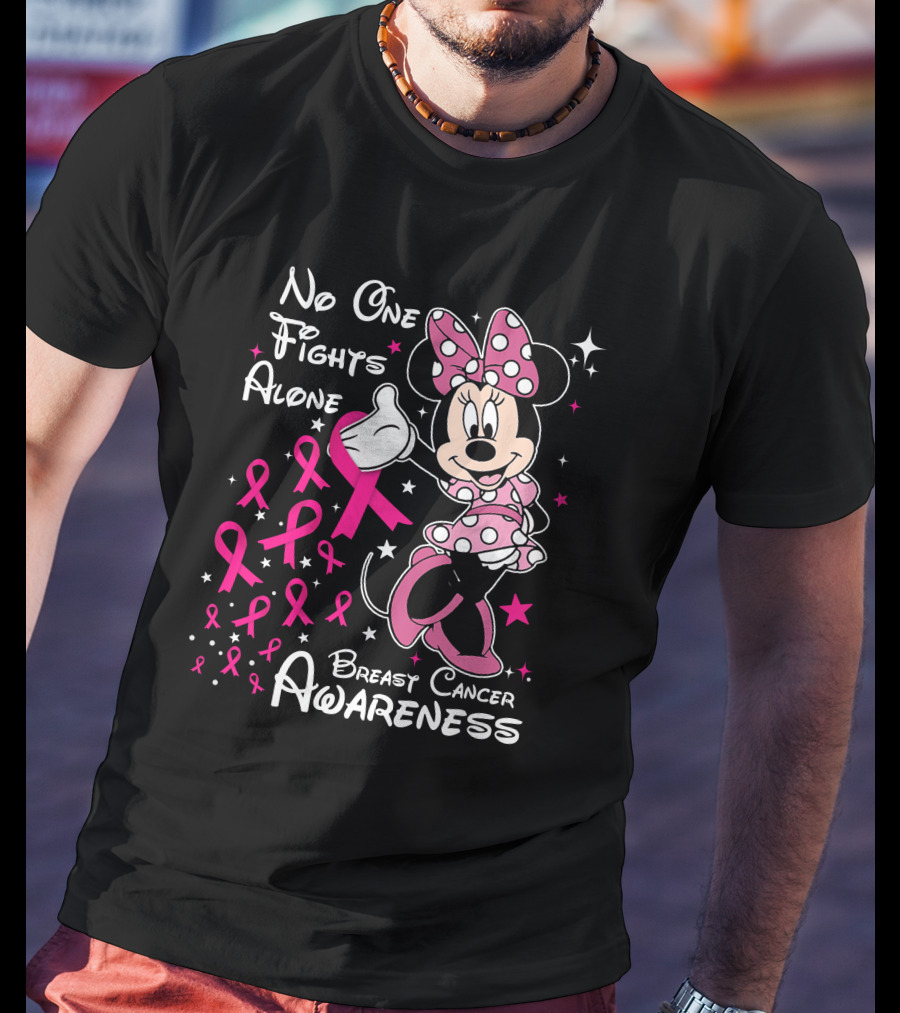 No One Fights Alone Breast Cancer Awareness Minnie Mouse Pink T-Shirt