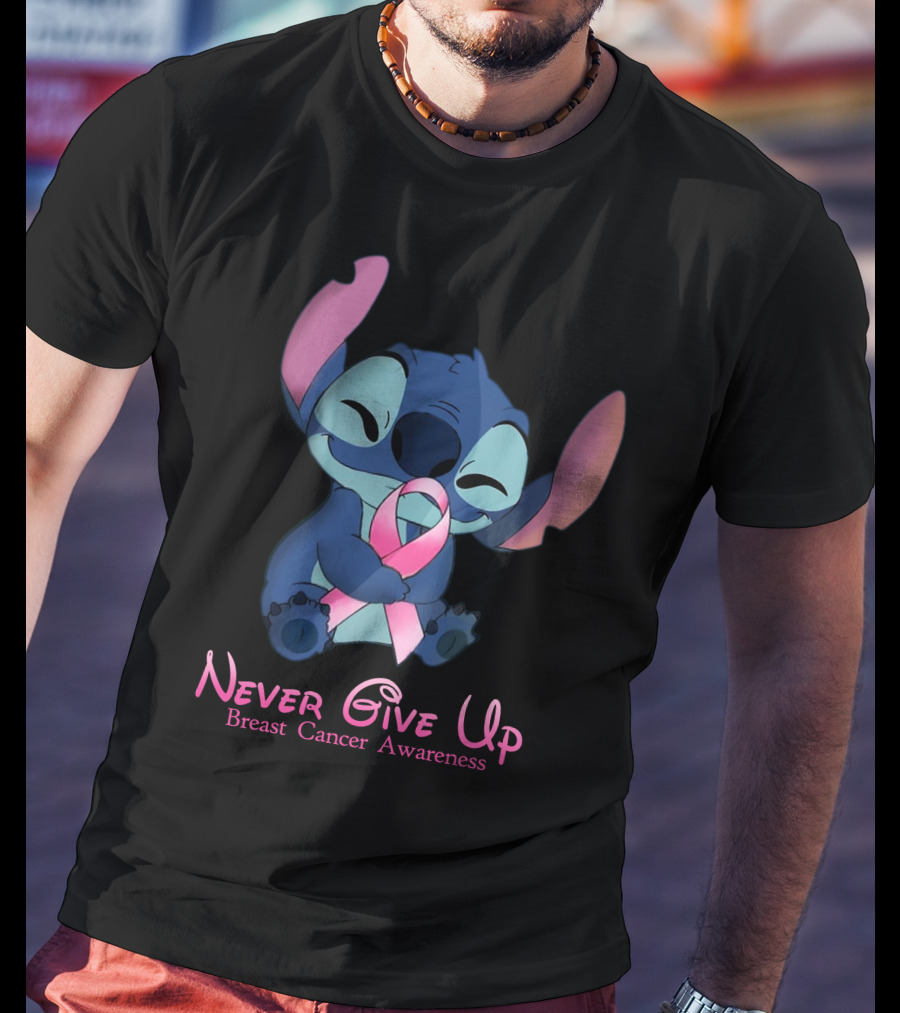 Never Give Up Breast Cancer Awareness Stitch Embrace T-Shirt
