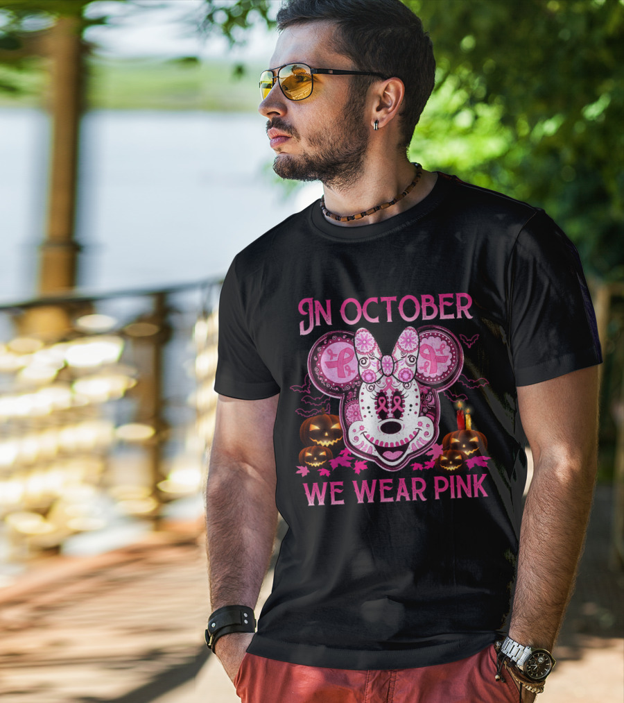 In October We Wear Pink Minnie Mouse Breast Cancer Awareness Halloween T-Shirt