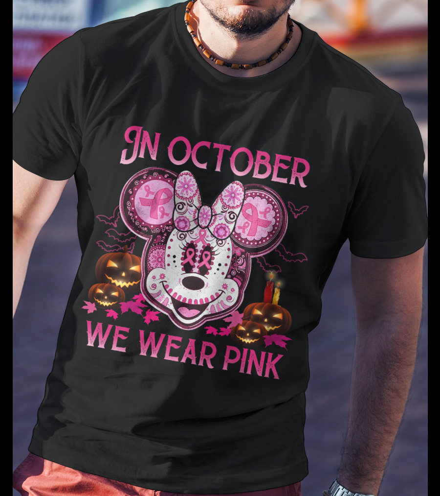 In October We Wear Pink Minnie Mouse Breast Cancer Awareness Halloween T-Shirt