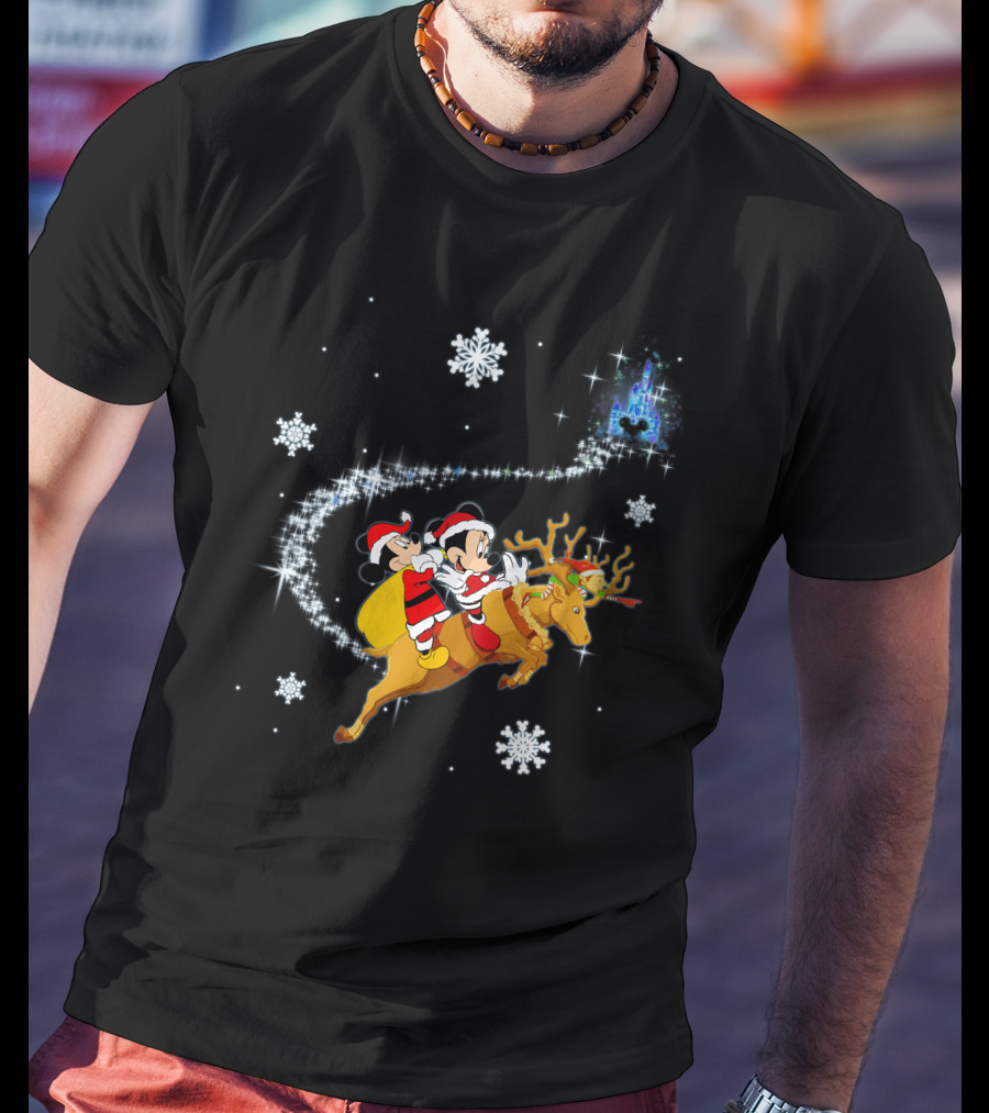 MK Deer Christmas Mickey And Minnie Santa Reindeer Snowflakes Disney Castle T-Shirt