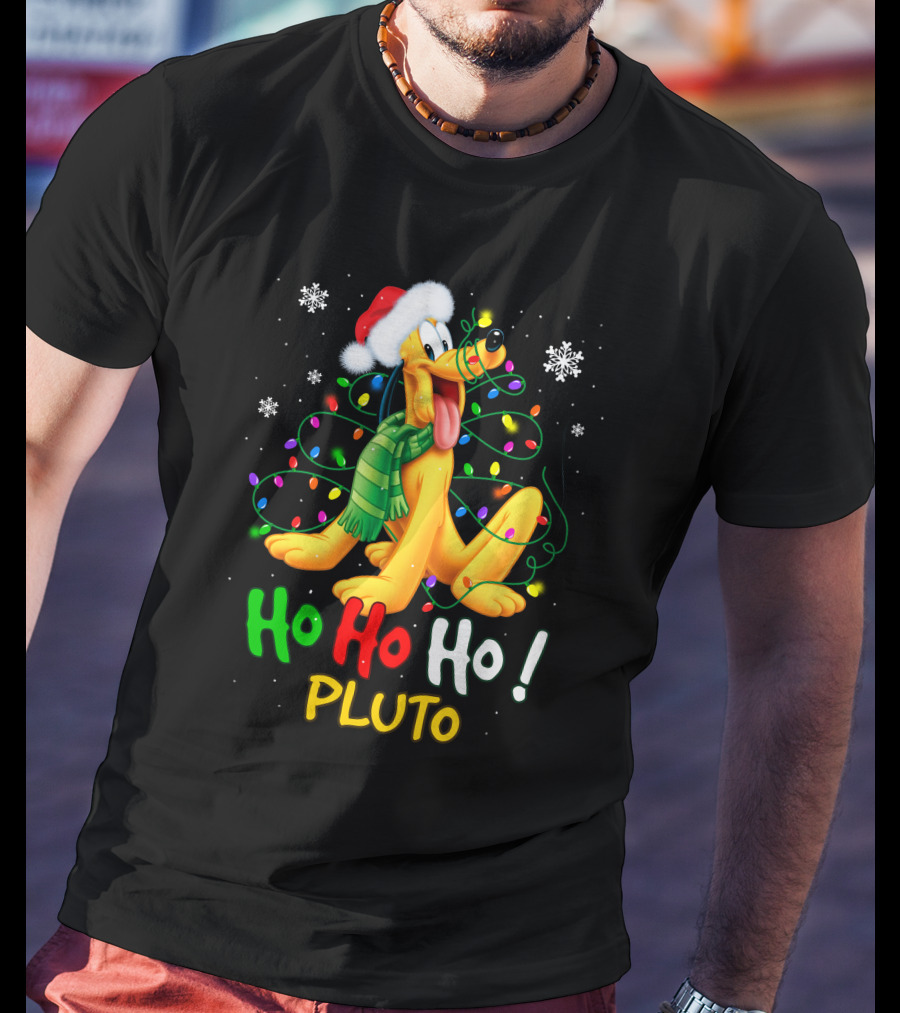 Ho Ho Ho Pluto Christmas Lights Santa Hat Snowflakes Scarf T-Shirt
