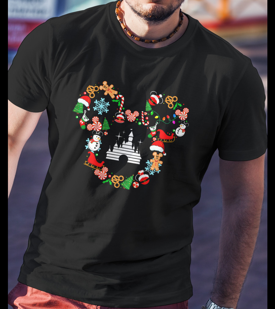 Disney Christmas Castle Mickey Head Holiday Icons T-Shirt