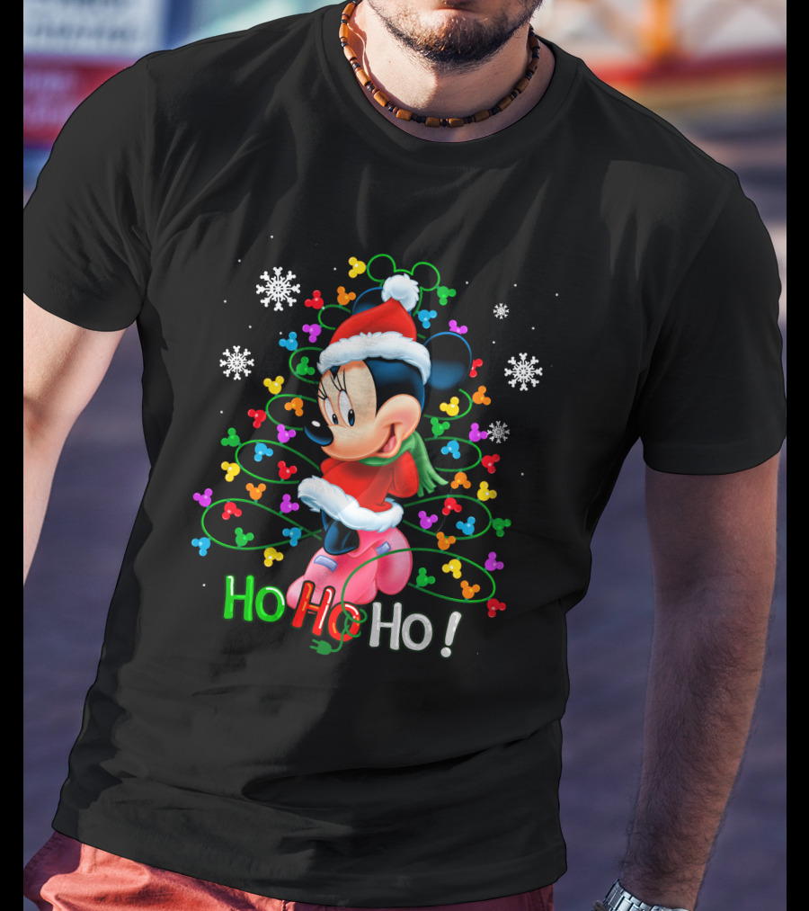 MN HHH Christmas Ho Ho Ho Santa Mickey Mouse Snowflakes Lights T-Shirt