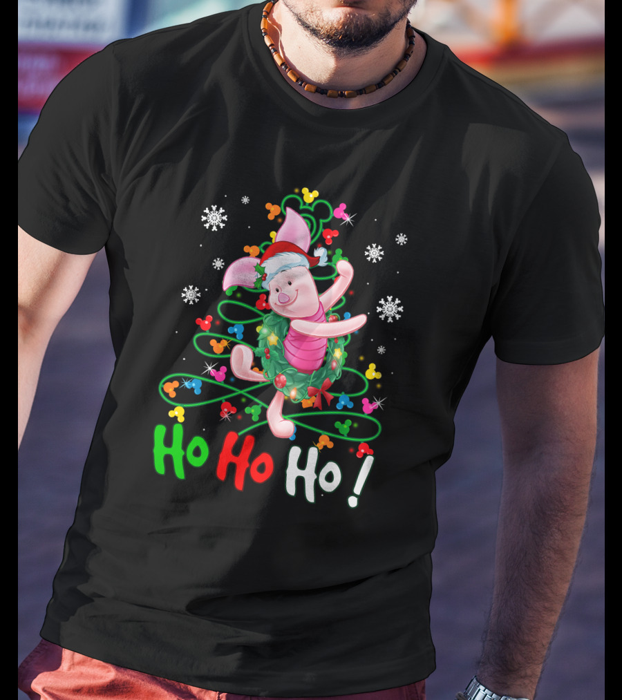 Ho Ho Ho Piglet Christmas Festive Wreath And Santa Hat T-Shirt
