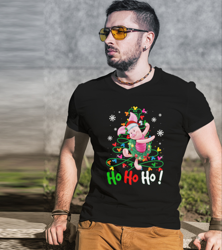 Ho Ho Ho Piglet Christmas Festive Wreath And Santa Hat T-Shirt