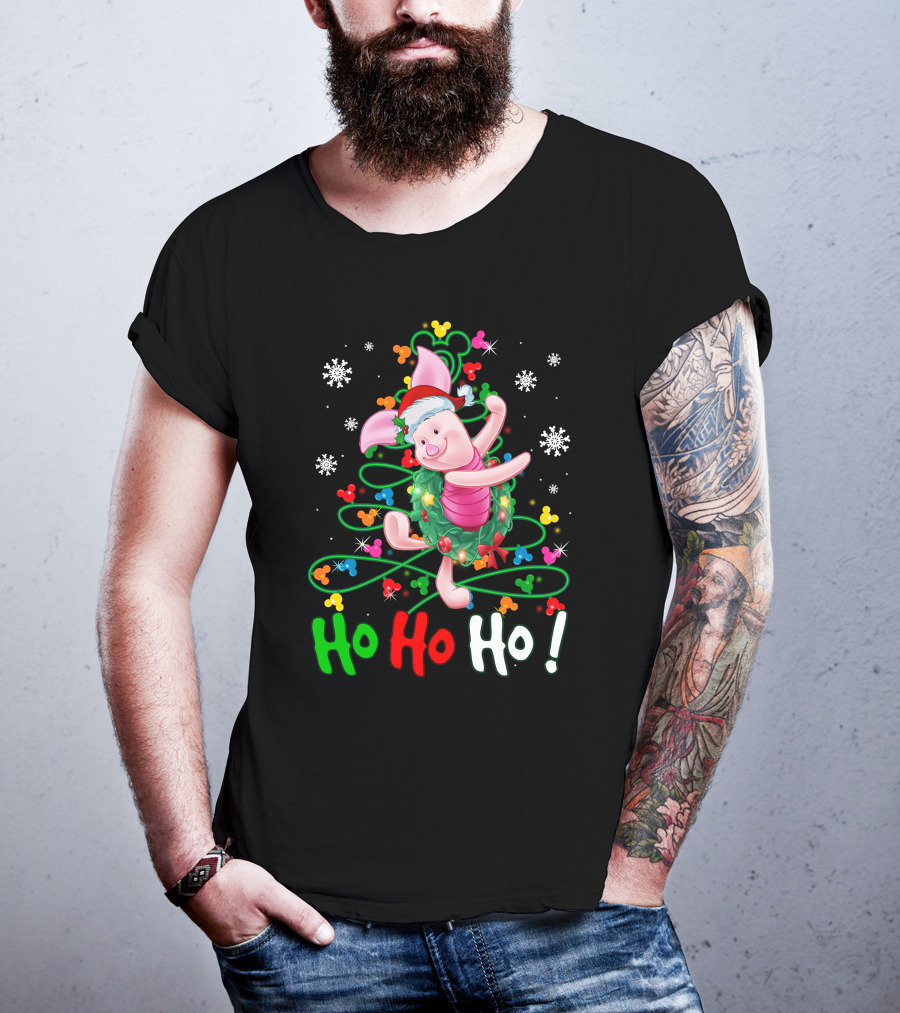 Ho Ho Ho Piglet Christmas Festive Wreath And Santa Hat T-Shirt