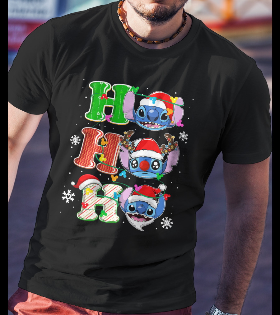 ST HHH Christmas Ho Ho Ho Stitch Holiday Sweater Santa Hat Snowflakes T-Shirt