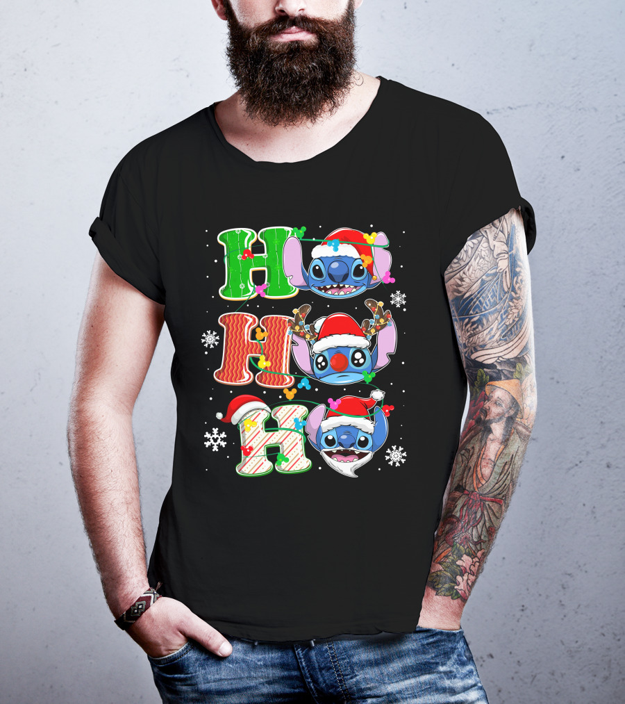 ST HHH Christmas Ho Ho Ho Stitch Holiday Sweater Santa Hat Snowflakes T-Shirt