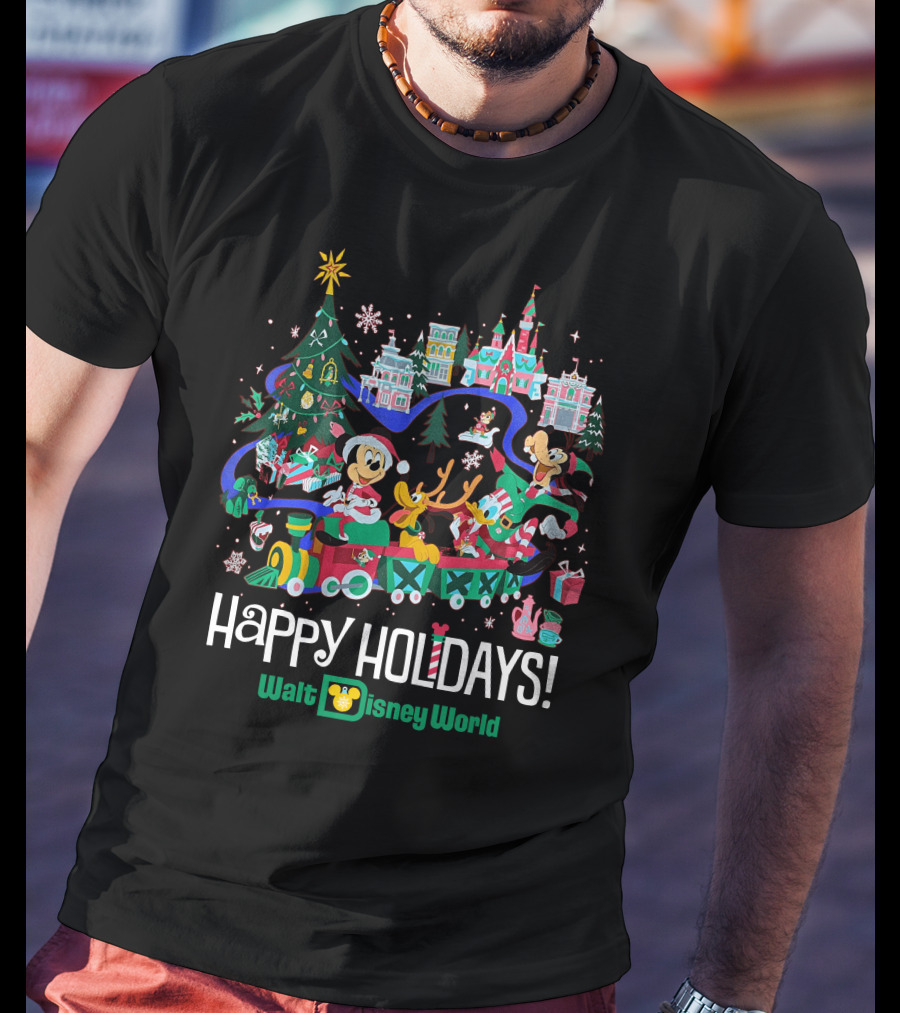 Walt Disney World Happy Holidays Christmas Mickey And Friends Festive Scene T-Shirt
