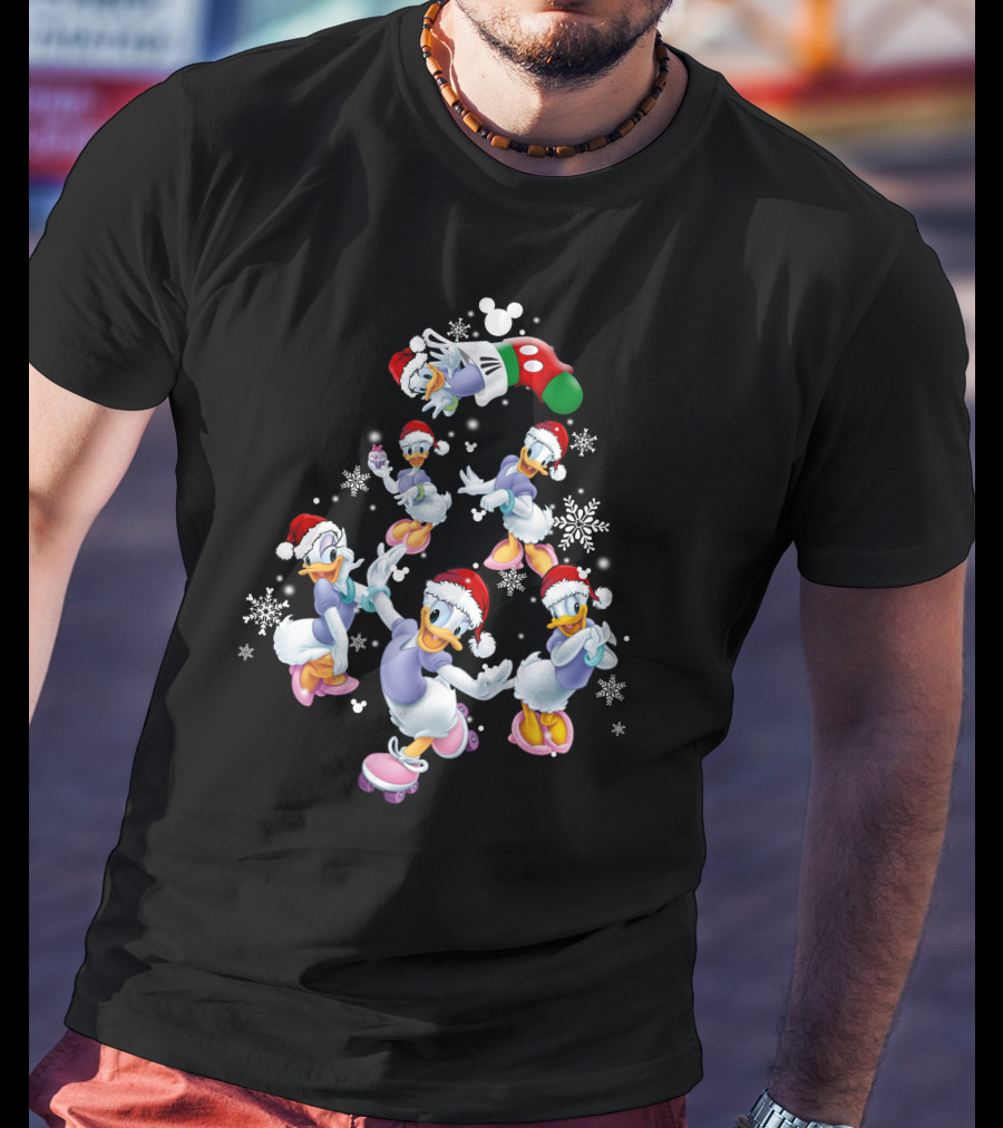 Disney Daisy Duck Christmas Celebration With Santa Hats And Snowflakes T-Shirt