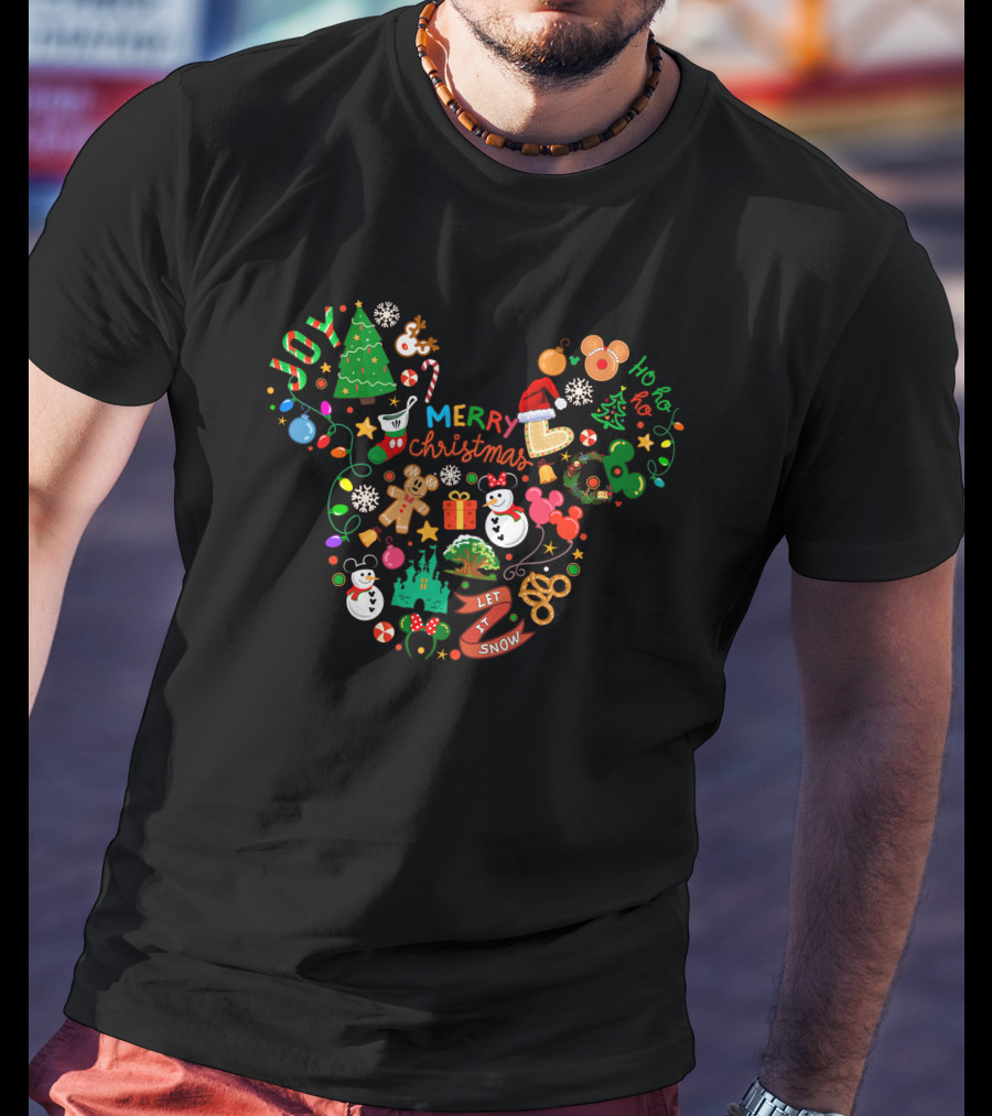 Merry Christmas Mickey Head Ho Ho Ho Let It Snow T-Shirt