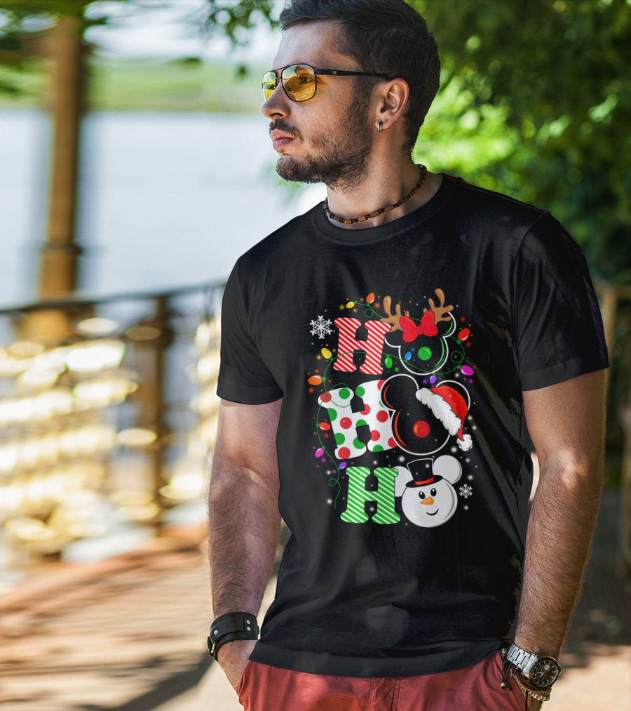 Disney Hohoho Christmas Mickey Mouse Holiday Lights Santa Hat Snowman Antlers T-Shirt