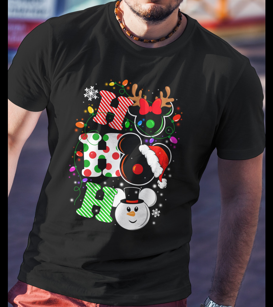Disney Hohoho Christmas Mickey Mouse Holiday Lights Santa Hat Snowman Antlers T-Shirt