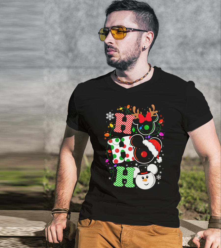 Disney Hohoho Christmas Mickey Mouse Holiday Lights Santa Hat Snowman Antlers T-Shirt