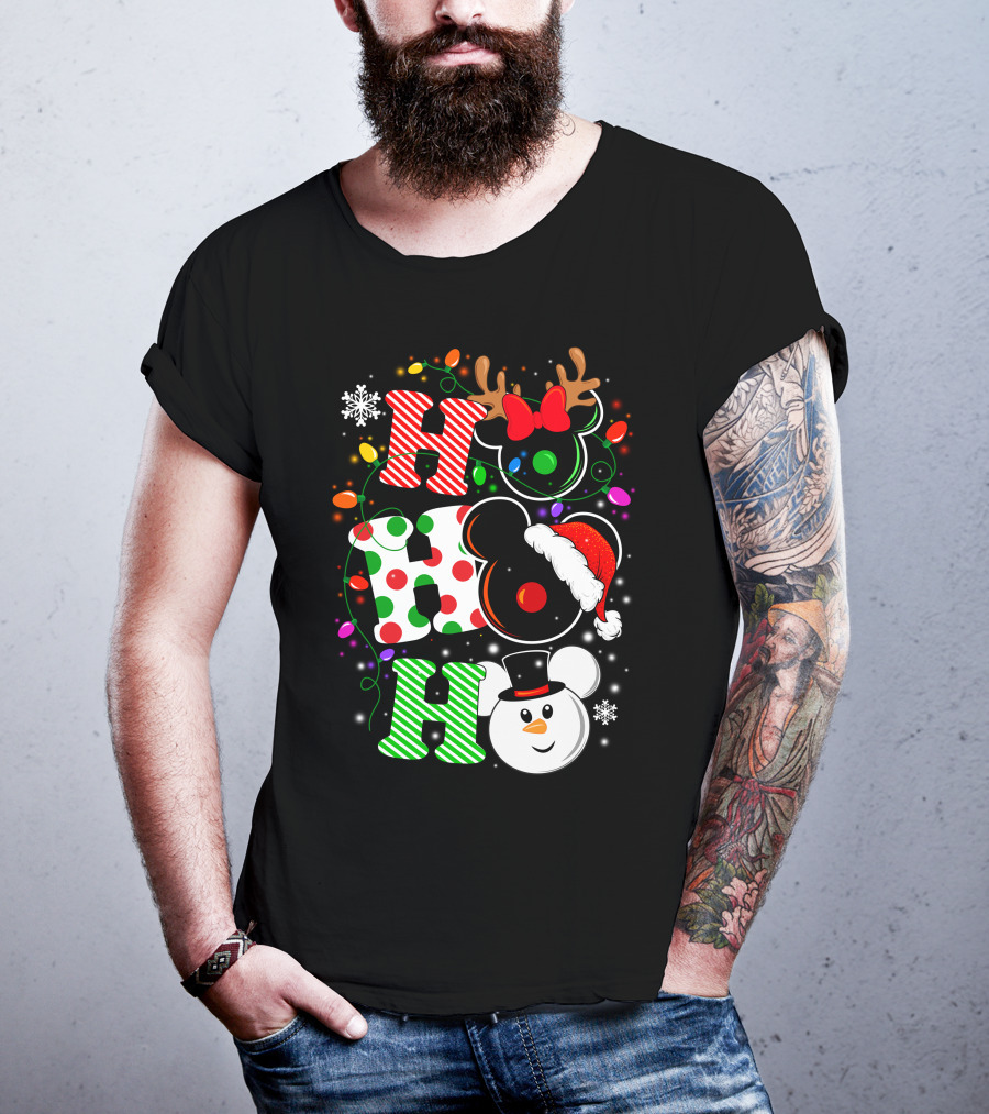Disney Hohoho Christmas Mickey Mouse Holiday Lights Santa Hat Snowman Antlers T-Shirt