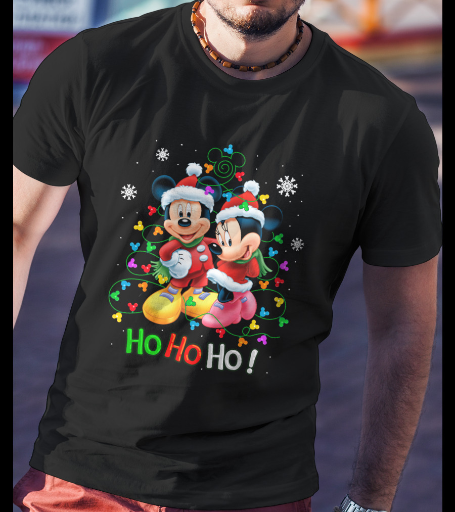 Mickey And Minnie Hohoho Christmas Santa Hats Snowflakes Holiday Tree Lights T-Shirt