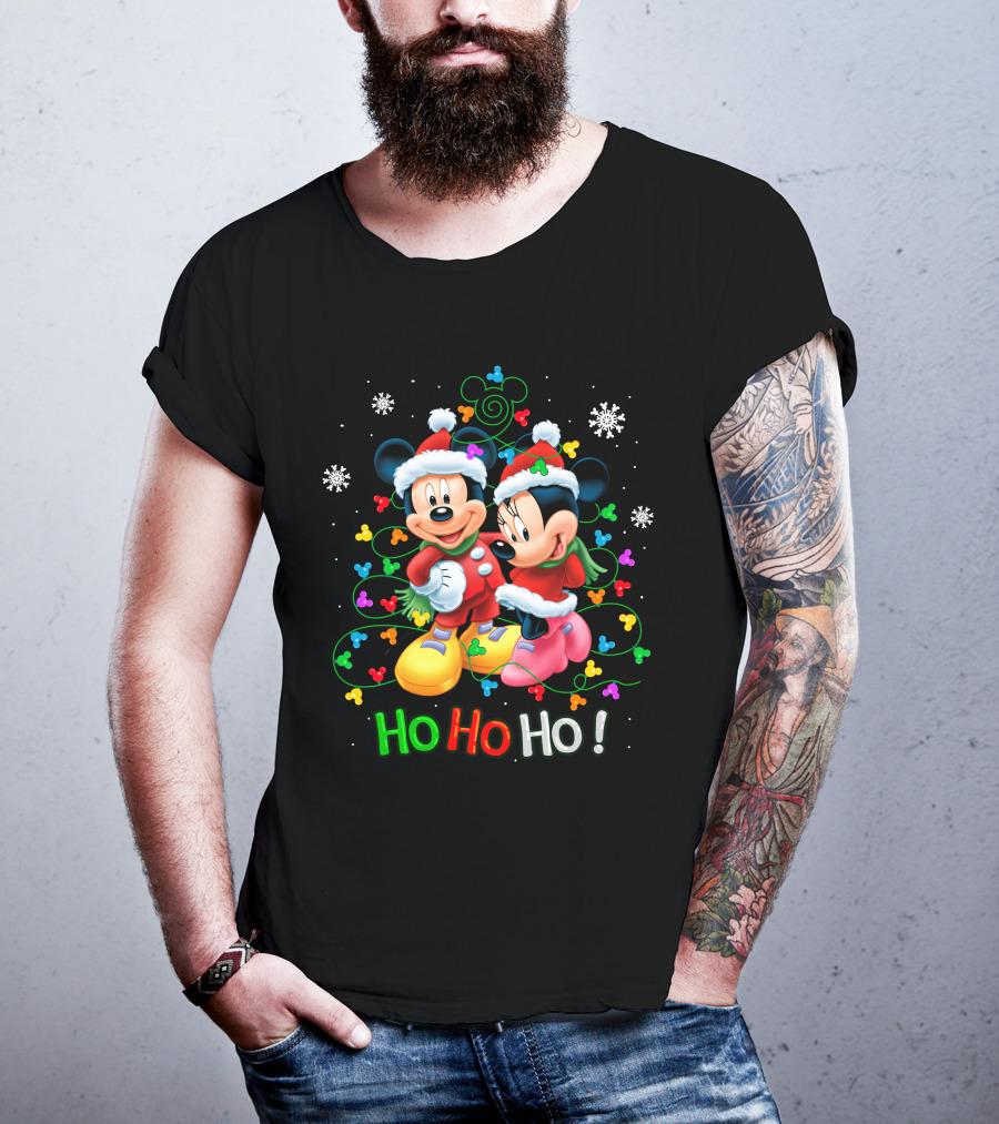 Mickey And Minnie Hohoho Christmas Santa Hats Snowflakes Holiday Tree Lights T-Shirt