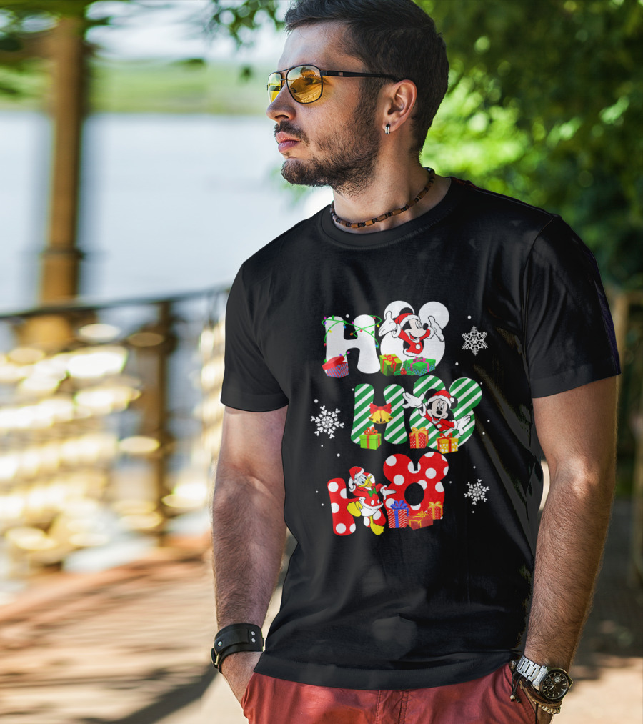 Mickey Mouse And Donald Duck Ho Ho Ho Christmas Snowflakes And Presents T-Shirt