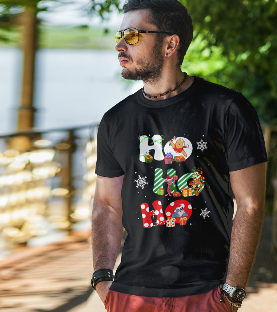 Ho Ho Ho Christmas Winnie The Pooh With Piglet Tigger Eeyore Holiday Snowflakes And Gifts T-Shirt