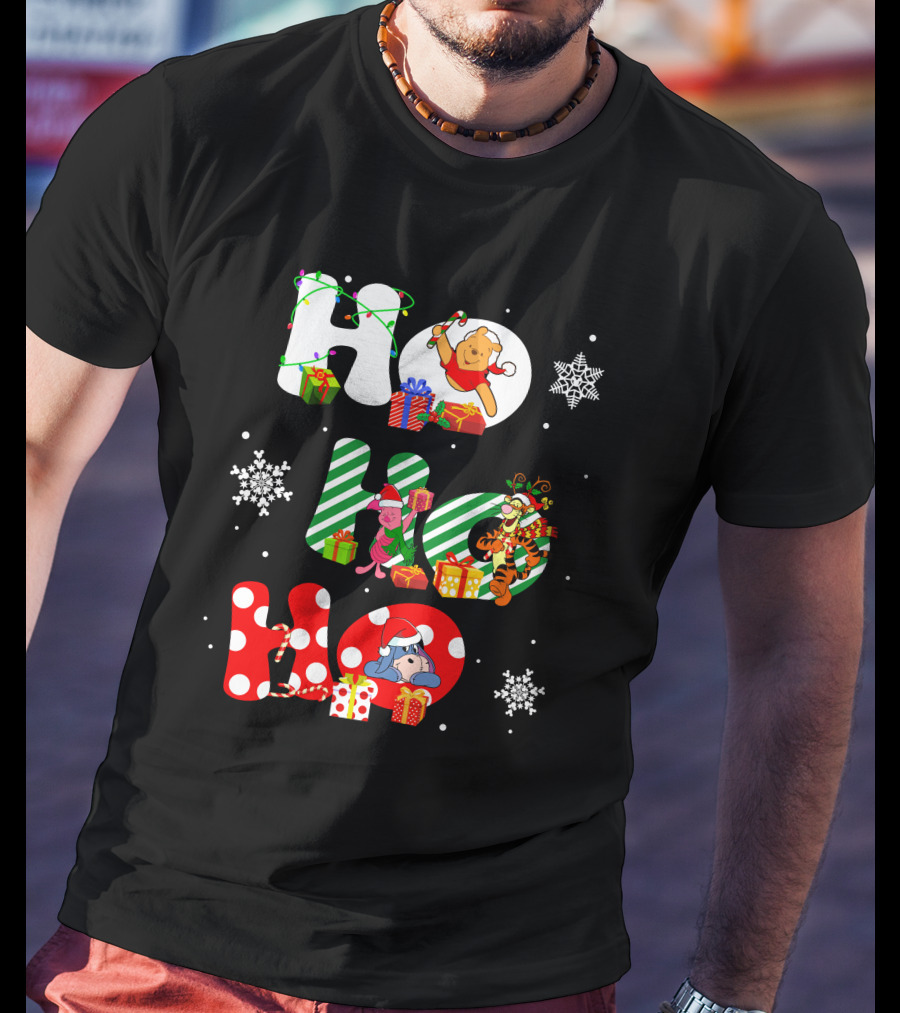Ho Ho Ho Christmas Winnie The Pooh With Piglet Tigger Eeyore Holiday Snowflakes And Gifts T-Shirt