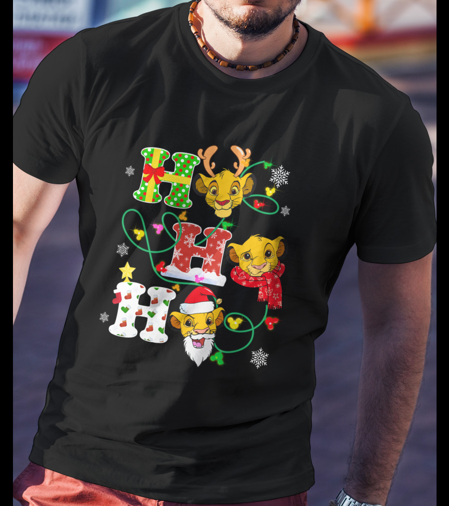 Simba Hohoho Christmas Holiday Festive Lion King Image With Santa Hat Reindeer Antlers Scarf Snowflakes T-Shirt