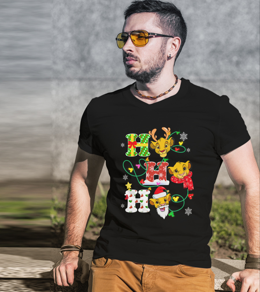 Simba Hohoho Christmas Holiday Festive Lion King Image With Santa Hat Reindeer Antlers Scarf Snowflakes T-Shirt