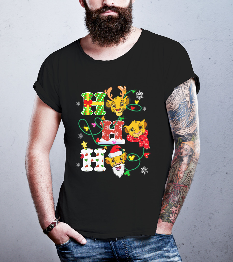 Simba Hohoho Christmas Holiday Festive Lion King Image With Santa Hat Reindeer Antlers Scarf Snowflakes T-Shirt