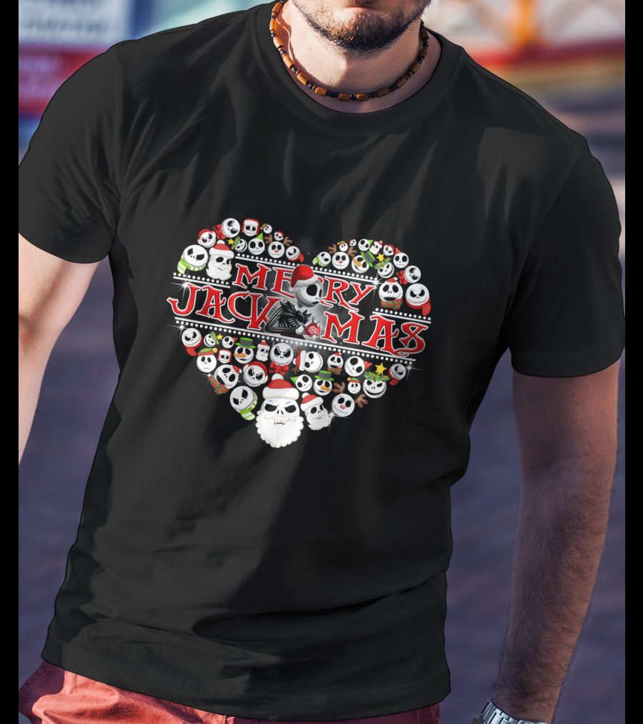 Merry Jackmas Heart Design With Santa Hats And Skulls T-Shirt