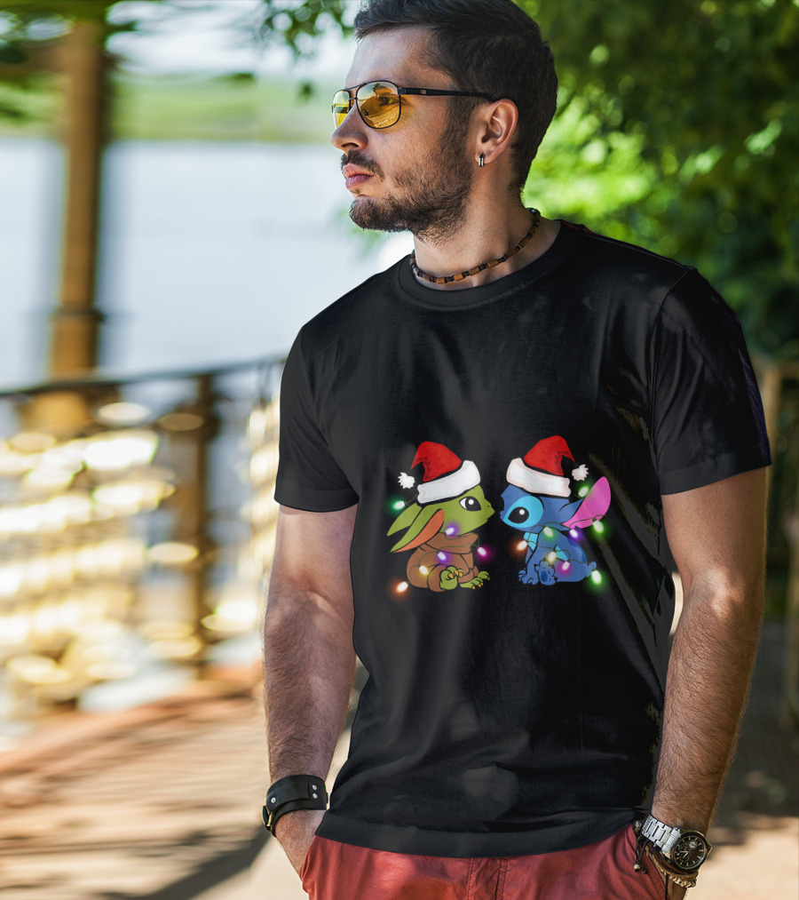 Baby Yoda And Stitch Christmas Lights Santa Hats T-Shirt