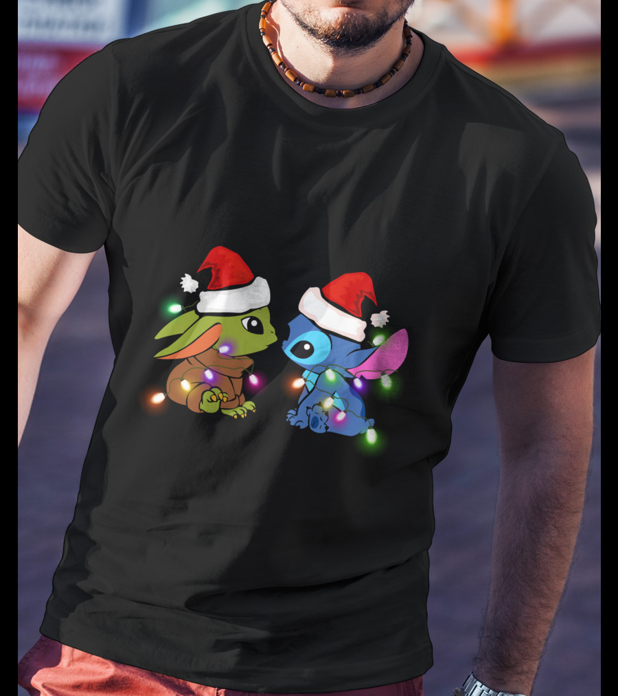 Baby Yoda And Stitch Christmas Lights Santa Hats T-Shirt