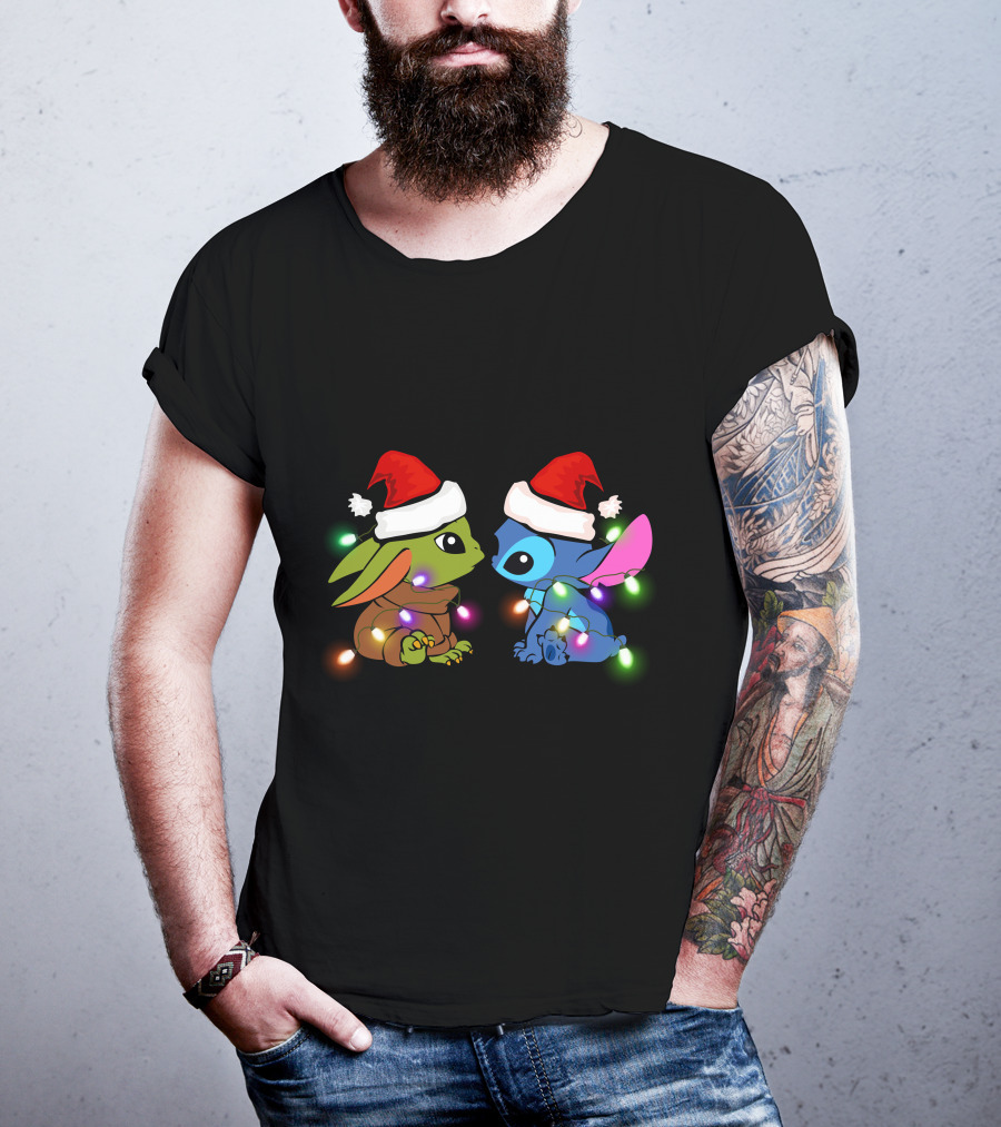 Baby Yoda And Stitch Christmas Lights Santa Hats T-Shirt