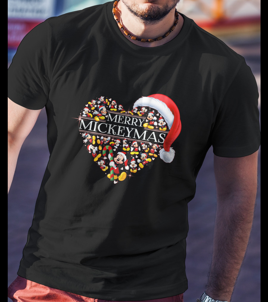 Merry Mickeymas Christmas Heart With Santa Hat And Mickey Characters T-Shirt