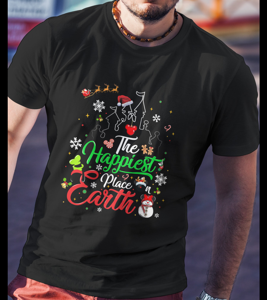 The Happiest Place On Earth Christmas Santa Snowman Gingerbread Reindeer Castle T-Shirt