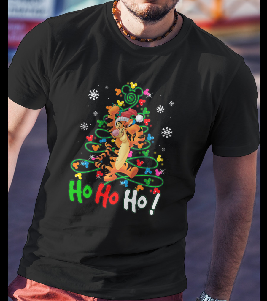 Tigger Ho Ho Ho Christmas Tree Santa Hat Snowflakes Disney Mickey Ears T-Shirt