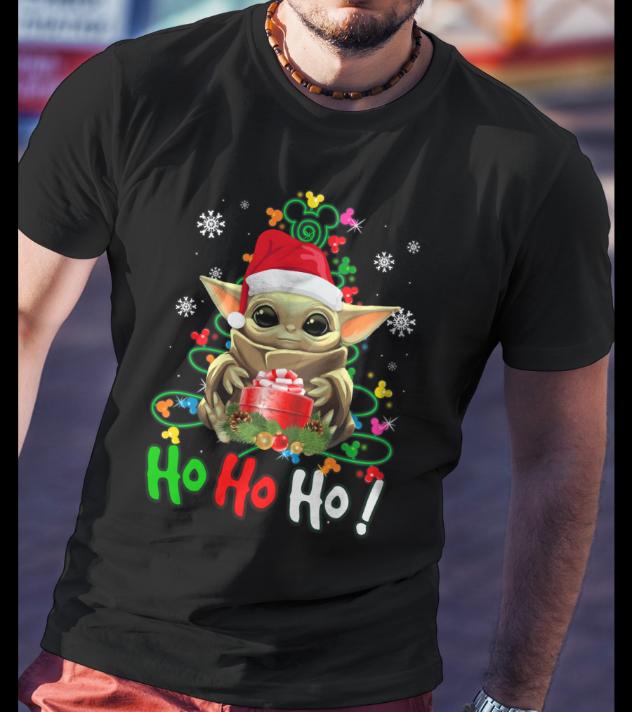 Ho Ho Ho Baby Yoda Christmas Santa Hat Gift Snowflakes T-Shirt