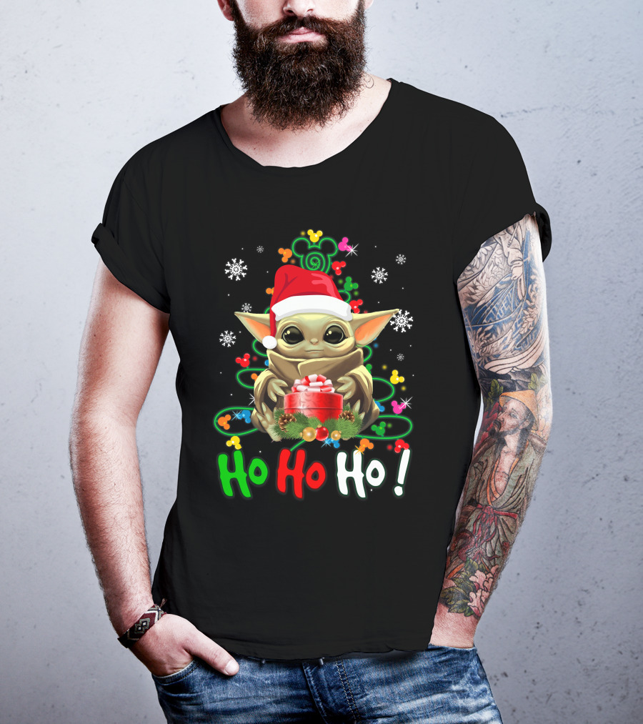 Ho Ho Ho Baby Yoda Christmas Santa Hat Gift Snowflakes T-Shirt