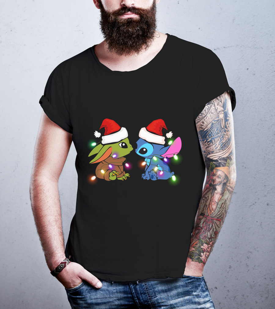 Santa Hat Baby Yoda And Stitch Christmas Lights T-Shirt