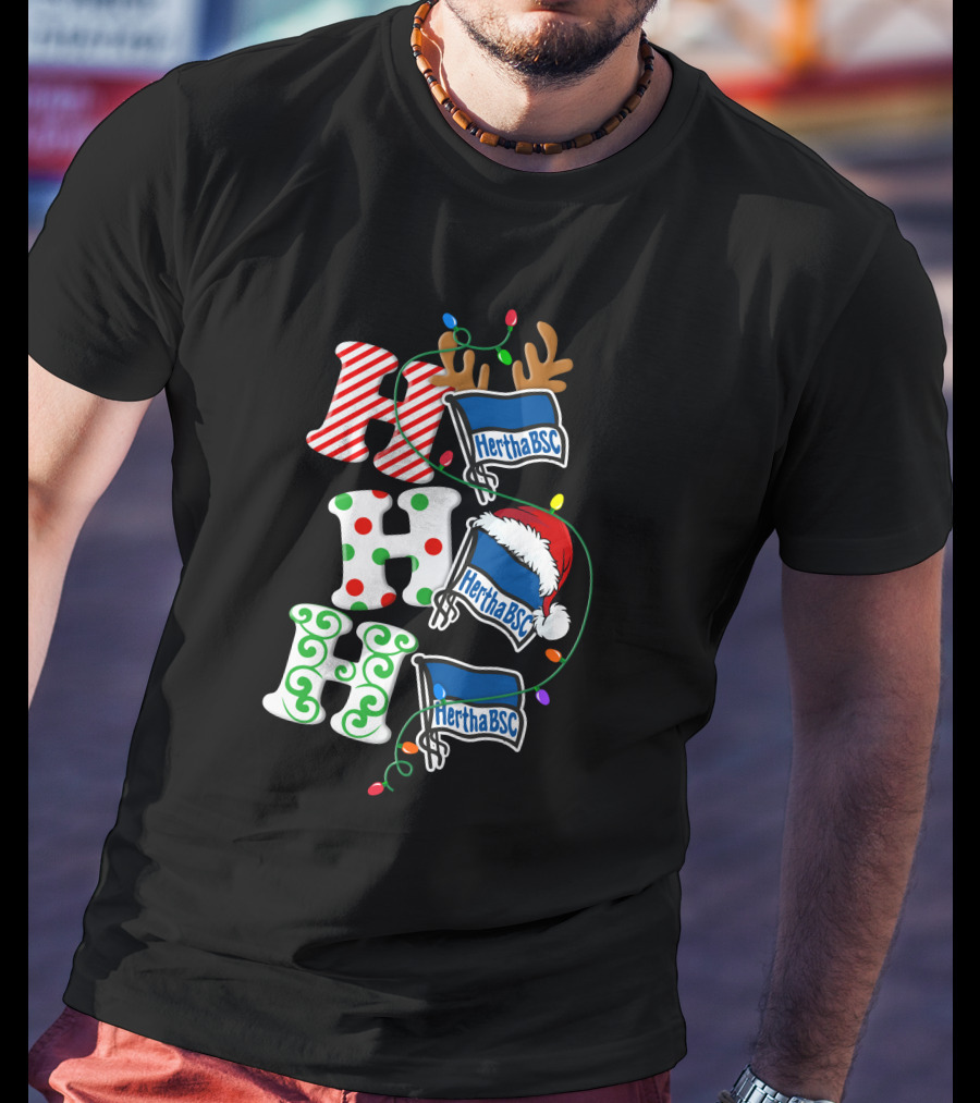 Hertha BSC Ho Ho Ho Christmas Lights Reindeer Santa Hat T-Shirt
