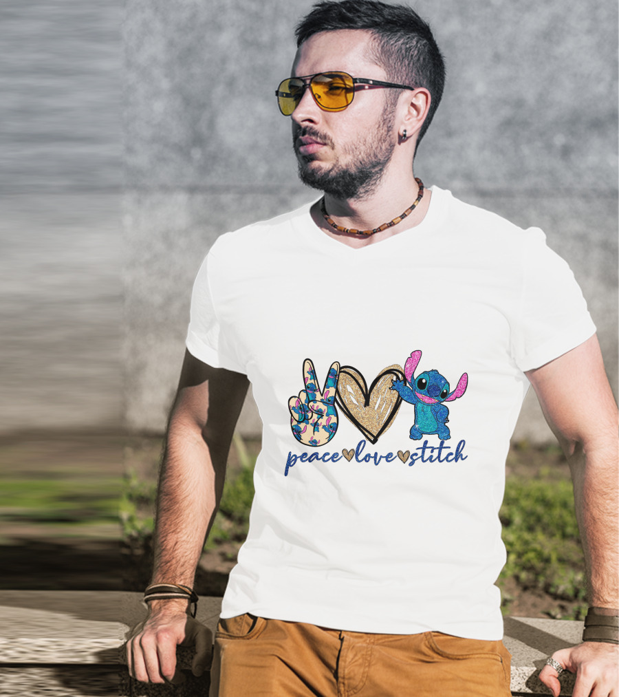 Peace Love Stitch Alien Character With Peace And Heart Symbols T-Shirt