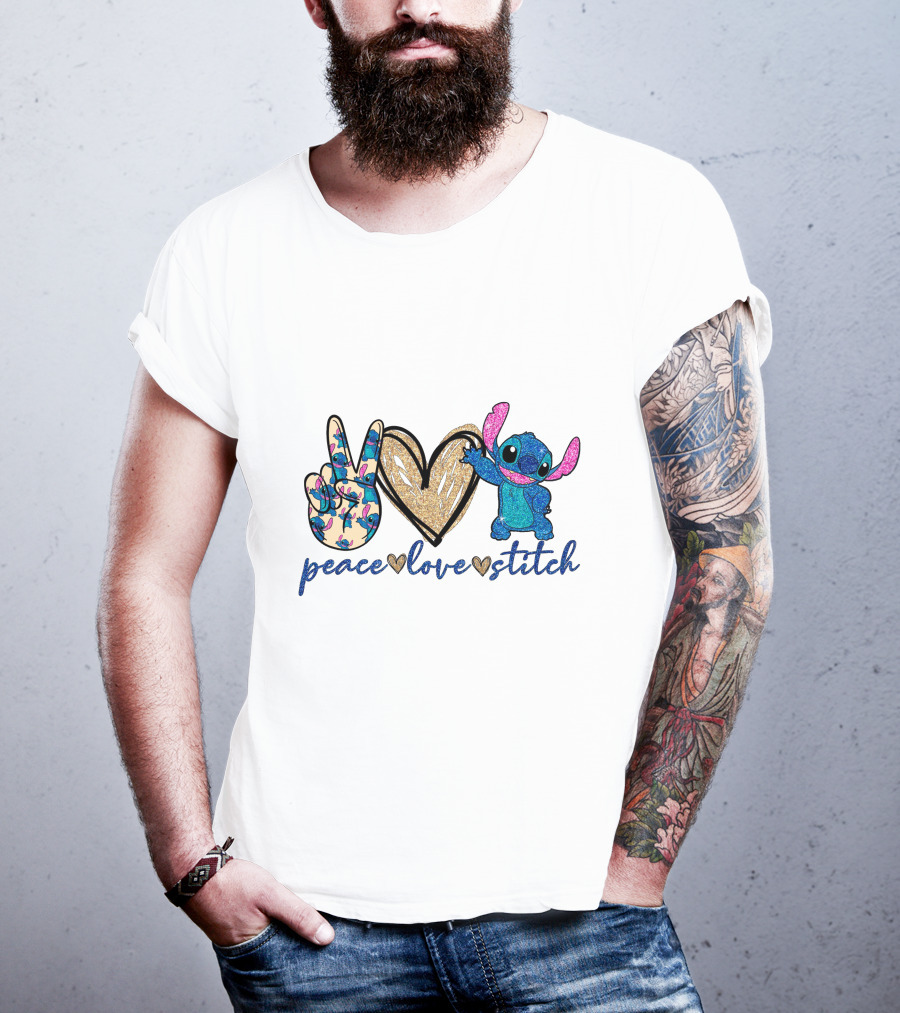 Peace Love Stitch Alien Character With Peace And Heart Symbols T-Shirt