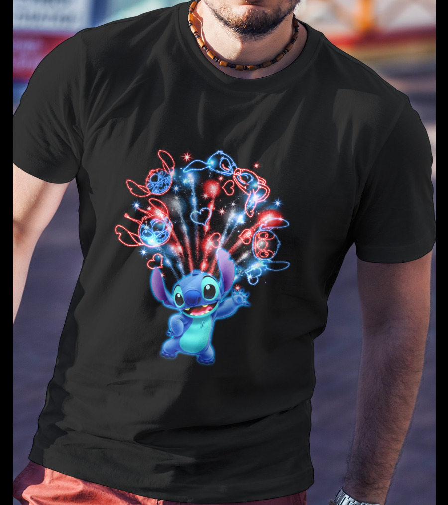Stitch Magic Fireworks Burst Hearts And Glasses T-Shirt