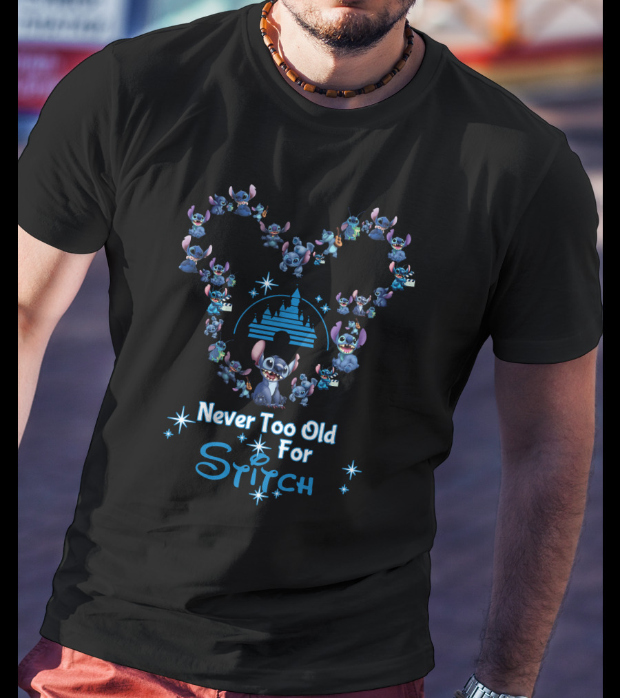 Never Too Old For Stitch Disney Castle Heart Shape T-Shirt