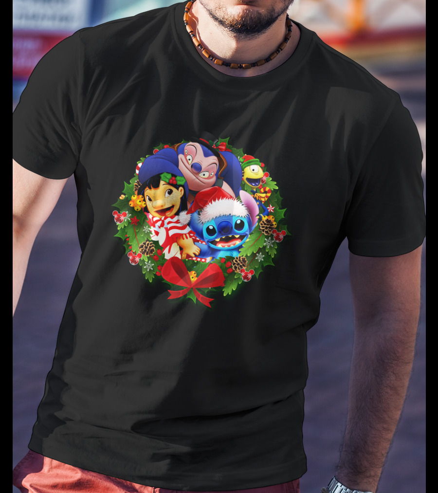 ST&FRIENDS Christmas Lilo And Stitch Holiday Wreath T-Shirt