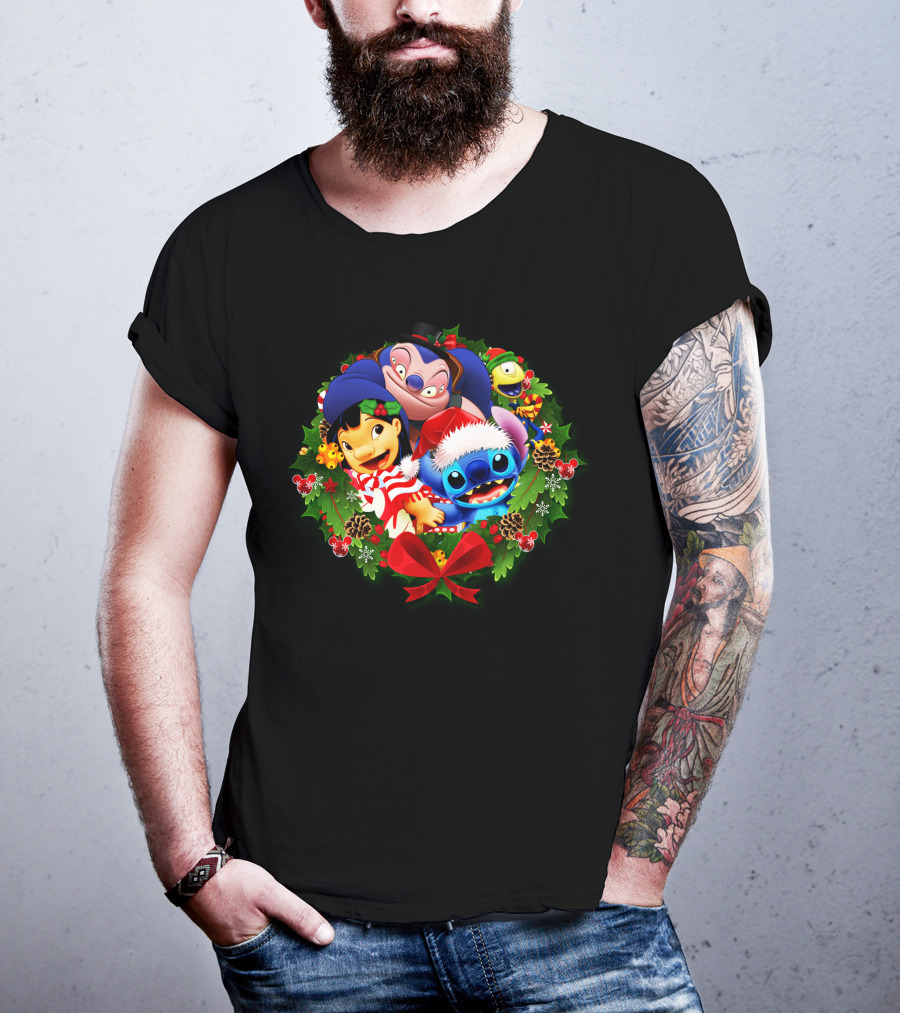 ST&FRIENDS Christmas Lilo And Stitch Holiday Wreath T-Shirt