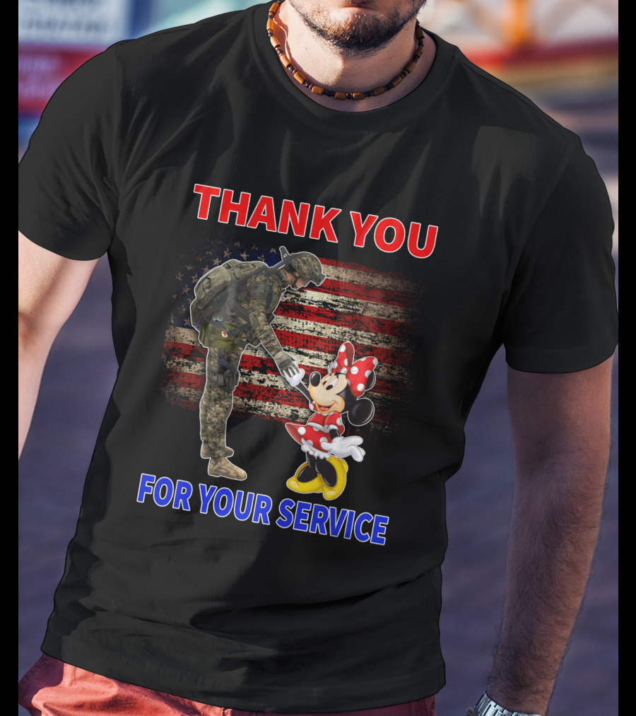 Thank You For Your Service Soldier And Minnie Mouse With American Flag Background T-Shirt